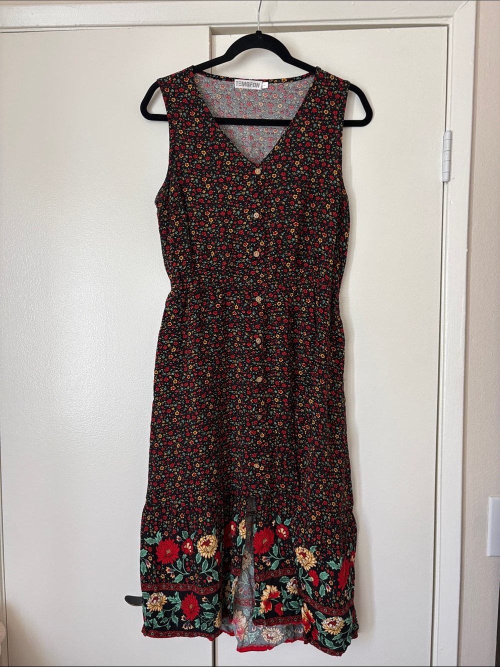Sleeveless V-Neck Black Floral Midi Dress with Red & Green Border